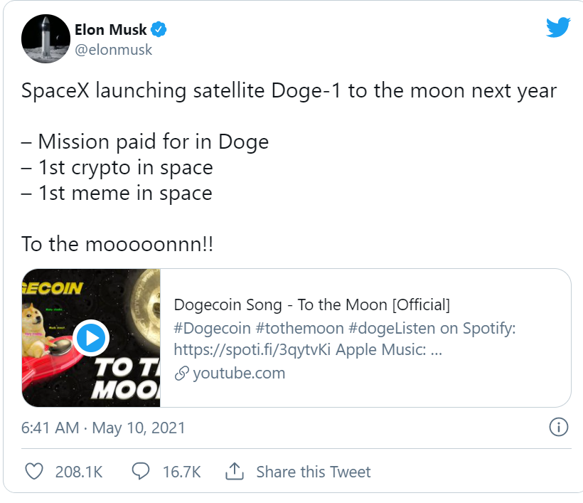 再给狗钱！马斯克宣布，SpaceX公司将接受狗币支付，并于明年向月球发射狗一号卫星 - 第1张  | 比特币-比特币价格-比特币行情交易交流平台