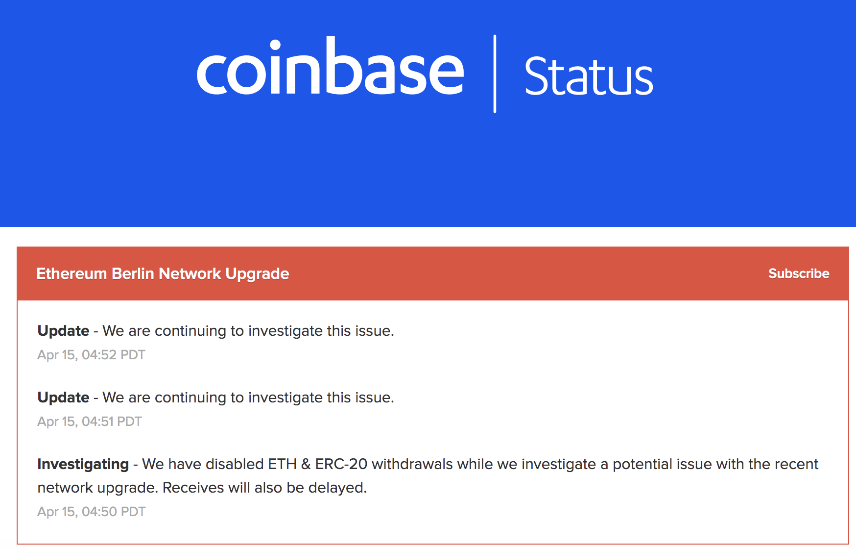 以太坊柏林硬分叉节点问题后，Coinbase、Ledger等平台出现服务故障 - 第2张  | 比特币-比特币价格-比特币行情交易交流平台