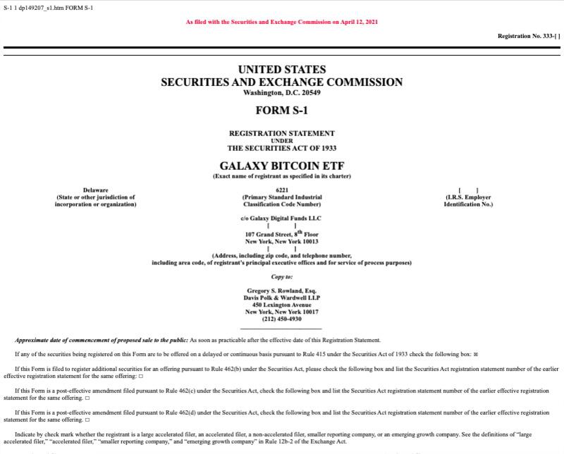 Galaxy digital在美国证券交易委员会的比特币ETF应用 - 第1张  | 比特币-比特币价格-比特币行情交易交流平台