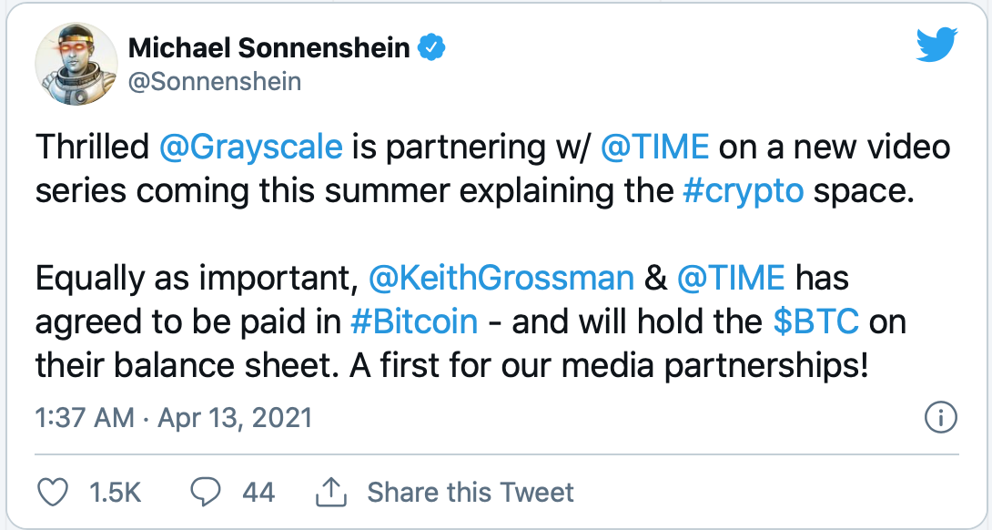 《时代》杂志加入特斯拉阵营，准备将比特币列入资产负债表 - 第2张  | 比特币-比特币价格-比特币行情交易交流平台