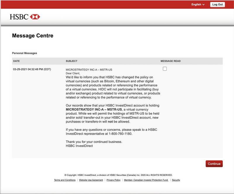 汇丰银行的反加密行动已经升级：其在线交易平台已禁止购买MicroStrategy股票 - 第1张  | 比特币-比特币价格-比特币行情交易交流平台